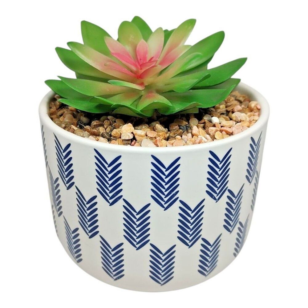 Modern Coastal Artificial Succulent Potted Houseplant Navy Blue White Chevron